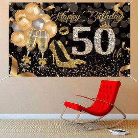 50th Birthday Decoration Happy 50th Birthday Backdrop for Woman Birthday Party Background Shining Glitter Gold Spots Black and Gold Party Banner Photo Studio Props