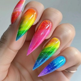 Long Press on Nails Stiletto Fake Nails Gradient False Nails Colorful Artificial Nails XL Nails Glitter Glue on Nails Ombre Stick on Nails for Women 24pcs