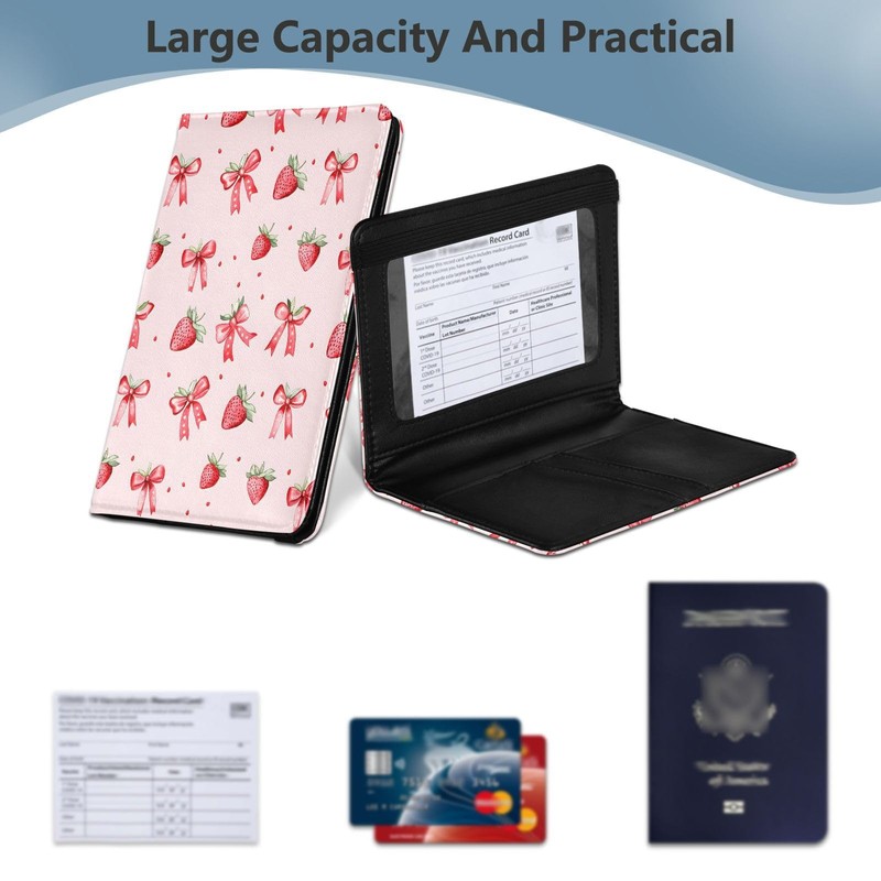zyrtty Passport Holder, Pink Strawberries Bows Pattern Passport Cover Travel