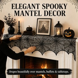 Black Lace Spider Web Mantel Scarf for Halloween – 18 x 98 in Polyester Fireplace & Table Decoration for Spooky Parties