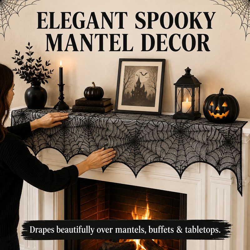 Black Lace Spider Web Mantel Scarf for Halloween – 18