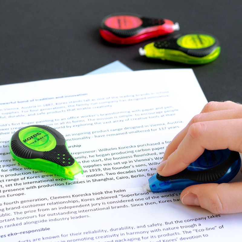 Kores - 2Way Correction Tape - Neon-Themed Roll On Correction,