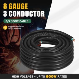 25ft 8/3 8 AWG Portable Power Cable (3 Conductor) - SOOW 600V 8 Gauge Electric Wire for Generator, Portable Lights, RV/EV Car Battery Chargers and Machinery - 25 Feet Electrical Cord