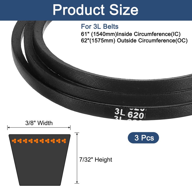sourcing map 3 Pcs 3L620 Classic Wrapped Rubber V-Belt, 62"(1575mm)