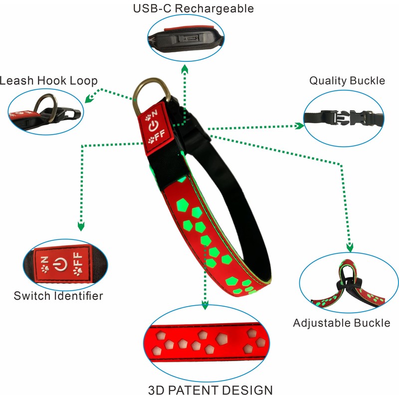 LED Dog Collar, 15 Light Modes, USB-C Rechargeable, Glow Light