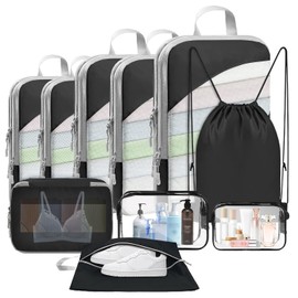 Qlfyuu Compression Packing Cubes for Suitcases Backpack, 10 Piece Lightweight Compression Bags Set Travel Storage Bags for Luggage, Travel Essentials Organiser, Black