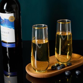 FOCUSLINE 24 Pack 9 Oz Plastic Stemless Gold Rim Champagne Flutes, Heavy Duty, Shatterproof, Disposable & Reusable Crystal Clear Toasting Glasses