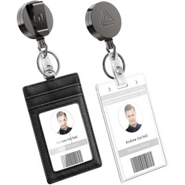 Heavy Duty Metal Retractable Badge Holder Reel with Belt Clip Key Ring, Waterproof Vertical Clear ID Card Holder and PU Leather Badge Holder