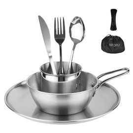 ISFORU Camping Cutlery Set, 8-Piece Outdoor Travel Cutlery Set Stainless Steel 1 Pair Folding Cutlery with Neoprene Case 1 Plate 1 Bowl 1 Cup for 1 Person Ideal for Outdoor Cookware Travel Camping