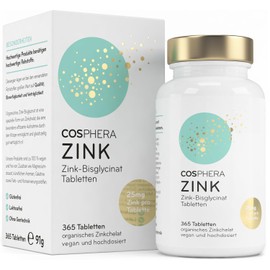 Zinc Tablets - High Dose with Brand Raw Material - 25 mg Zinc Bisglycinate per Tablet - 365 Vegan Tablets in 1 Year Supply - Highly Bioavailable Zinc Chelate for Hair, Skin and Nails by Cosphera