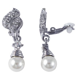 Isaac Kieran Rhodium Finish Faux Pearls Pave Crystals Dangle Clip On Earrings