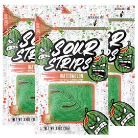Sour Strips Flavored Sour Candy Strips, Deliciously Sour Chewy Candy Belts, Vegetarian Candies, 3 Pack (Watermelon (3-Pack))