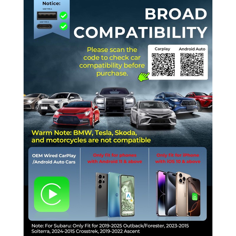 AuroraLink Wireless Carplay & Android Auto Wireless Adapter 2-in-1 Fast