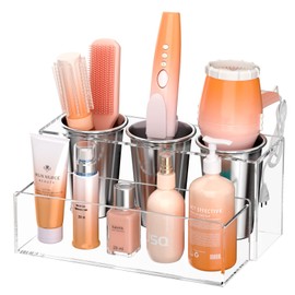 NIUBEE Hair Tool Organizer, Acrylic Hair Dryer and Styling Holder, Bathroom Countertop Blow Dryer Organizer, Vanity Storage Stand for Accessories, Makeup, Toiletries (Clear)