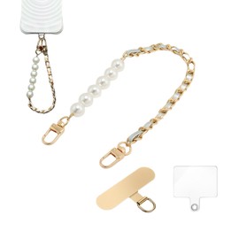 KEESOO Original Korean Chic Pearl Gold Leather Phone Charm, Versatile with Premium Gold Metal Phone Tab (Lustrous Silver)