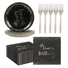 75PCS Happy Birthday Paper Plates Set, Black Sliver Crown Party Plate 6.5Inch Napkins 6.3 Inch Plastic Fork Tableware Dessert Plates Guests for Birthday Party Decoration-Serve 25 | BOKFJBP