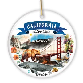 Collectible Ceramic USA Souvenir Keepsakes - Artistic California State Themes and Landmarks Christmas Ornament