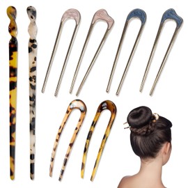 Piacolnic 10 Pcs French Hair Pin, 3 Styles Tortoise Acetate Hair Sticks, Vintage French Twist Hair Pin Hair Forks Hair Chopstick U Shape Updo Hairpins for Women Hairstyle Accessories