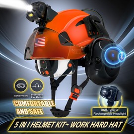 SAFEBUILDER Hard Hats with Bluetooth Ear Muffs Headlight Safety Helmet with Visor Vented Adjustable Construction Forestry Hardhats ANSI (Orange+CSV+BTE+SHL01)