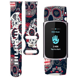 PLKTJOSA Compatible with Charge 6/Charge 5 WatchBands for Women Men,Elastic Adjustable Wristbands,Breathable Sport Band Soft Waterproof Health Tracker(Colorful Skull Floral)