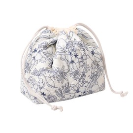 SURBEAV Aesthetic Cotton Quilted Drawstring Makeup Bag - Cute Travel Toiletry Organizer with Canvas Lining, Lightweight and Durable Cosmetic Pouch for Women Girls (Navy blue flower)