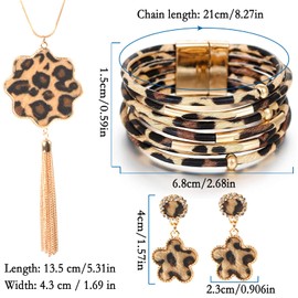 Ktnyl Set of 4 Jewellery Set, Earrings Leopard Print, Leopard Leather Bracelet Dangle Earring Necklace, Boho Leopard Multilayer Crystal Beads Cuff, Suitable for Girls and Women, Leather Metal, No