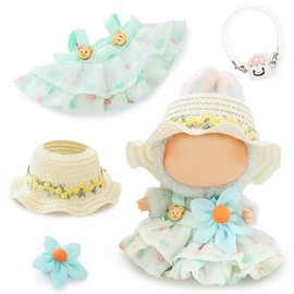 4Pcs Green Clothes Suitable for 17cm Dolls, Outfit for 6.7inch Plastic Dolls, Summer Clothing with Sunshade Straw Hat Handbag Flower Accessories for Dressing up Dolltoy (No Doll)