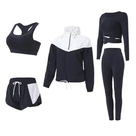 Nesyd Workout Sets for Women 5 Pieces Yoga Exercise Fitness Gym Outfits Running Athletic Clothes Set Tracksuits Activewear (Black, M)