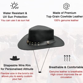 Leather Cowboy Hat for Men Women Western Australian Outback Hat with Shapeable Wide Brim, Black Vintage Aussie Style Leather Hat for Unisex Adult with Chin Cord