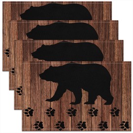4 PCS of Black Bear Placemats 12x18 Rustic Brown Farmhouse Wooden Board Place Mats Countryside Woodland Animal Bear Paws Heat Resisting Decor Non Slip Table Mats for Dining Table
