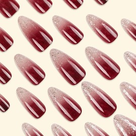 CAEEA Press On Nails Valentine's Day Rhinestone French Ballet Slippers Almond Medium Glossy Flared Acrylic Nails Full Cover Glue-On Nails 24pcs06