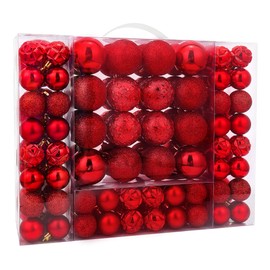 ISULIFE 87ct Christmas Ball Ornaments Set Shatterproof Seasonal Hanging Decorations with Reusable Hand-held Gift Package for Xmas Tree Holiday Party and Home Decor, Red