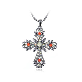Alilang Silvery Tone Orange Colorful Crystal Rhinestone Cross Pendant Chain Necklace
