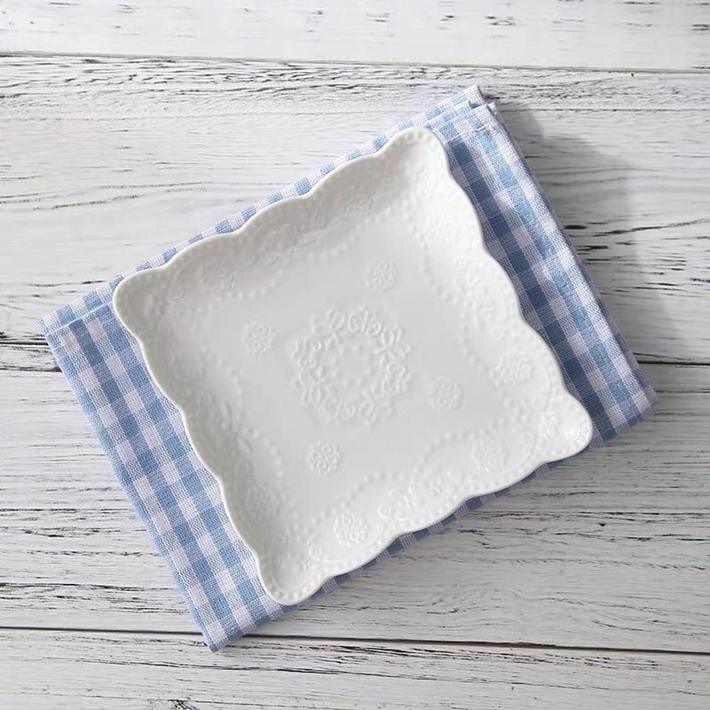 YBK Tech Elegant Square Embossed Lace Plate, Ceramic Serving Plate