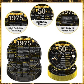 Refavor 50th Birthday Decorations for Men Women, 96PCS Back in 1975 Birthday Party Plates and Napkins Forks Supplies, Black and Gold Over the Hill Birhday Disposable Party Tableware Decor (24 Guests)