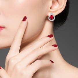 Uloveido Fashion Platinum Plated Pear-Shape CZ Red Crystal Teardrop Clip On Earrings for Women R446 (Red)