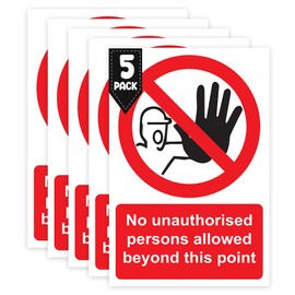 RDLCAR No Unauthorized Persons Allowed Beyond This Point - Safety Warning Sign, Off Limits, You Are Not Allowed At This Point Signage, Easy Installation, Rigid PVC, 200mm x 300mm Pack of 5