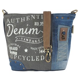 Sunsa Damen Umhängetasche. Schultertasche aus Canvas recycelte Jeans & Leder. Vintage Crossbody Tasche. Graue Retro Nachhaltig Handtasche als Geschenkideen für Frauen