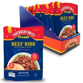 Hereford Beef Ribs with BBQ Sauce | Shelf Stable | Fully Cooked | Ready-to-Eat | Beef Raised with No Added Hormones | 12g of Protein per Serving | 6oz per Pouch (Case of 12)