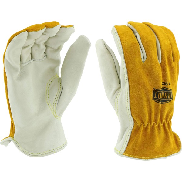 IRONCAT 9414 Premium Split Cowhide Gloves –Tan/Gray, Medium, Grain Leather Driver Work Gloves w/ Keystone Thumb