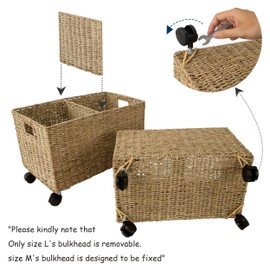PEMAR Set 2 Nesting Natural Wicker Rolling Storage Baskets on Wheels w Insert Handles, Under Table Under Desk Woven Storage Bins, Mobile File Cabinet Organiser (Water Hyacinth, Sizes M, L Nesting)