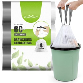 Charmount 4 Gallon Drawstring Trash Bags Unscented Small Garbage Bags for Kitchen, Bathroom, Bedroom, Office and Car, 60 Count, 15L,3 Rolls (Clear)