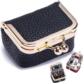 ZEXILILA Genuine Leather Mini Jewelry Box, Portable Vintage-Inspired Genuine Leather Coin Purse Jewelry Case with Kiss Lock, Mini Travel Ring Box for Women (Black)