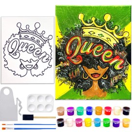 4 PACK Canvas Painting Kit Bundle Set | Pre Drawn Stretched Canvas Kit | Afro Queen 2 | Birthday Gift | Adult Sip and Paint Party Favor | DIY PARTY KIT (11x14 Inches)