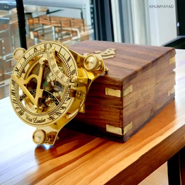 KHUMYAYAD Brass Sundial Compass Antique Nautical Replica Item with Rosewood Box