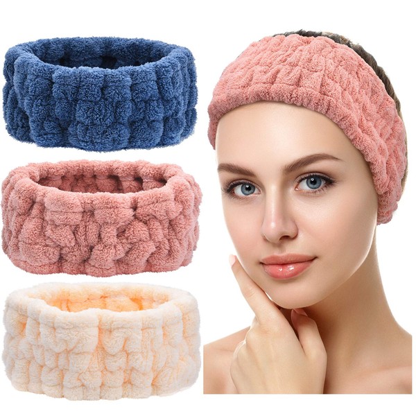 3 Pieces Spa Facial Headband for Makeup and Washing Face Terry Cloth Hairband Yoga Sports Shower Facial Elastic Head Band Wrap for Girls and Women (Dark Pink, Dark Blue, Milky-White)