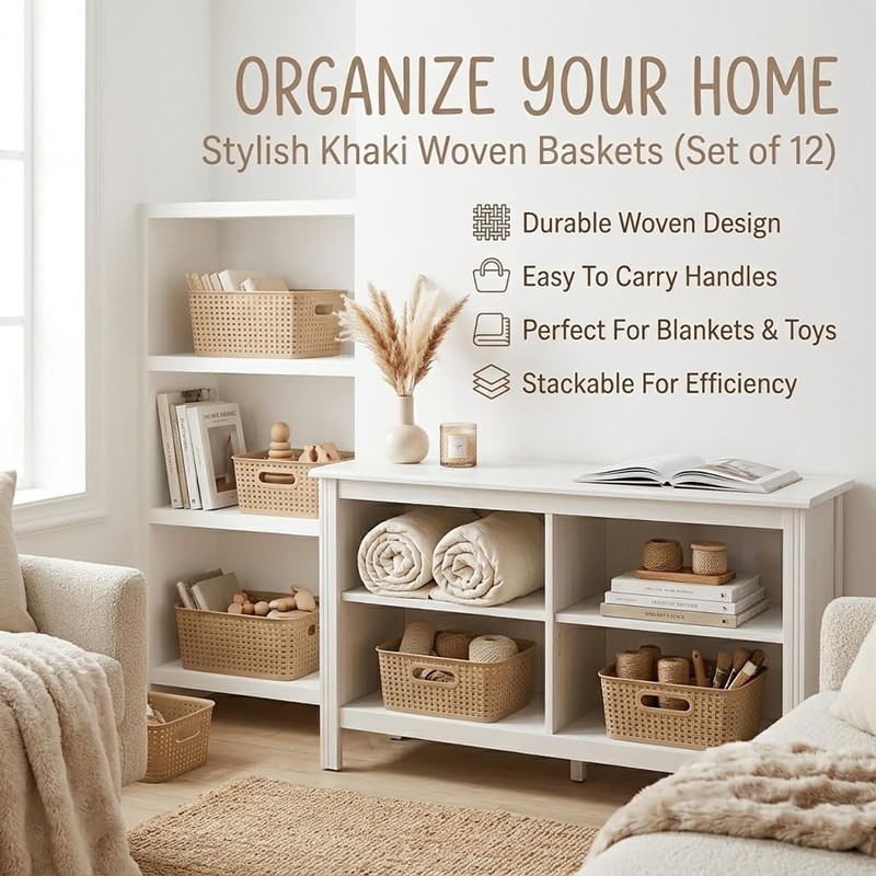 Khaki Stackable Storage Baskets, Plastic Weave Basket Organizer and Storage