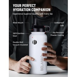 BELANKO Water Bottle, 32 Oz Insulated Stainless Steel Water Bottle with Straw and 3 Lids, Leak-Proof Double-Wall Vacuum for Cold Water Drinks, Sports, Travel, School, and Car - Polar White