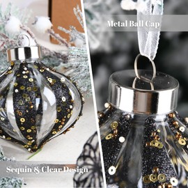 Clear Christmas Ball Ornaments for Tree - Large 80mm 3.15 inch Farmhouse Christmas Ornaments for Holiday Indoor Decorations - Big Black Rustic Shatterproof Plastic Xmas Bulbs, Pack of 12