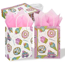 36 Pack Medium Donut & Ice Cream Themed Paper Gift Bags with Handles and Pink Tissue Paper for Summer Sweet Parties, Donut Grow Up Birthday Party Supplies, 10x8x4 Inch (2 Assorted Designs)